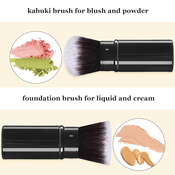 Retractable Makeup Brush 2 Pack, Travel Kabuki Powder Foundation Makeup Brush Face Blush Brushes for Blending Liquid, Blush, Bronzer, Buffing, Sunscreen,Flawless Cosmetics