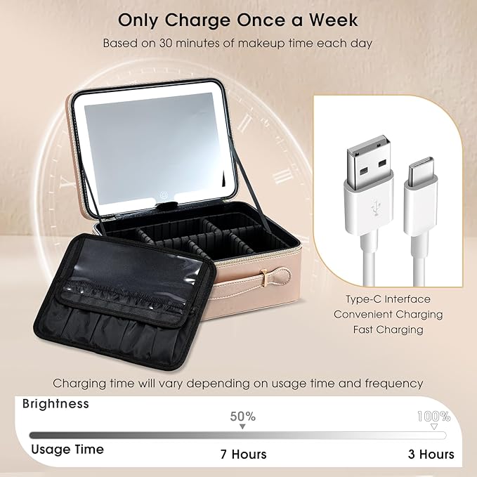 Leather Makeup Case with LED Lighted Mirror 11.4 Inch Travel Makeup Bag Adjustable Brightness in 3 Colors Cosmetic Organizer Artist Storage Bag with Dividers Brush Holder Bag Vanity Champagne Gold