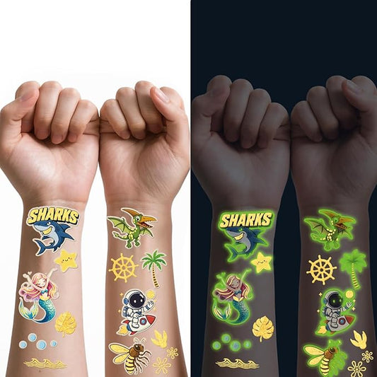 180 PCS Glow in The Dark Temporary Tattoos for Kids Boys Girls Luminous Truck Mermaid Unicorn Dinosaur Shark Animal Space Fake Tattoo Stickers for School Show Birthdays Halloween Party Supplies
