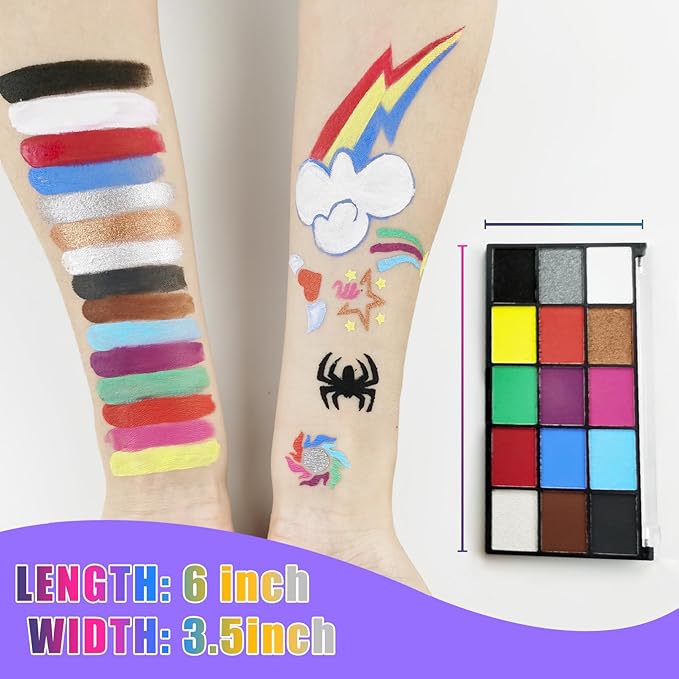 Face Painting Kit for Kids Adults, Water Activated Body Face Paint, 15 Colors Water Based Facepaints Fx Makeup Palette ,Non Toxic Hypoallergenic Safe Facepaint for Halloween Party Birthday Cosplay