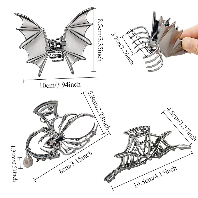 3Pcs Halloween Black Spider Web Bat Pearl Spiders Hair Claw Clips For Women And Girls Thick Long Hair,Nonslip Skeleton Barrette Headband Hair Styling Accessories For Halloween Gifts