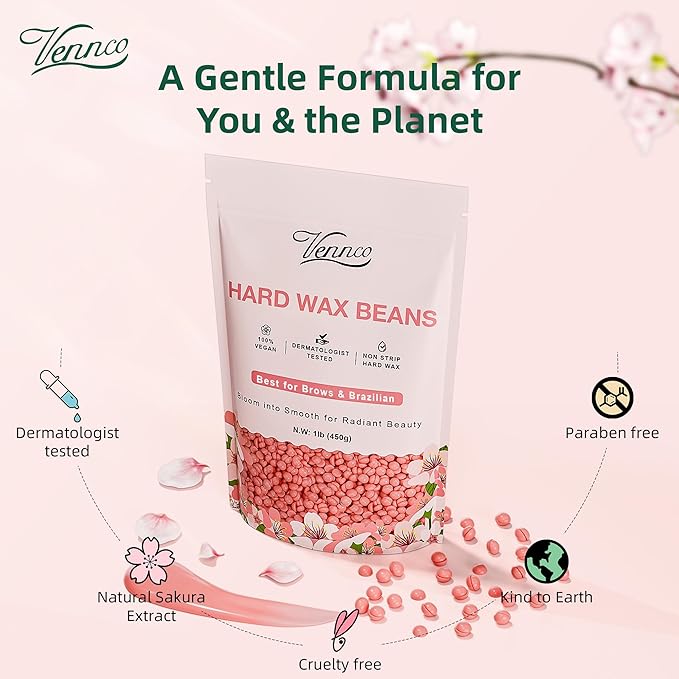 Hard Wax Beads, 1lb Wax Beans for hair removal with Cherry Blossom Extract, Ideal for Sensitive Skin, Perfect for Facial, Eyebrows, Arms, and Brazilian Area, Wax Refill for Home Use