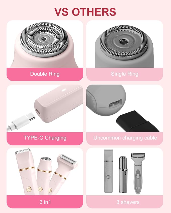 Bikini Trimmer for Women, 3 in 1 Electric Shaver for Womens,Painless Personal Body Hair Groomer,Smooth Hair Trimmer for Pubic Hair,USB-C Charger,IPX7 Waterproof,Ceramic Blades,Peach