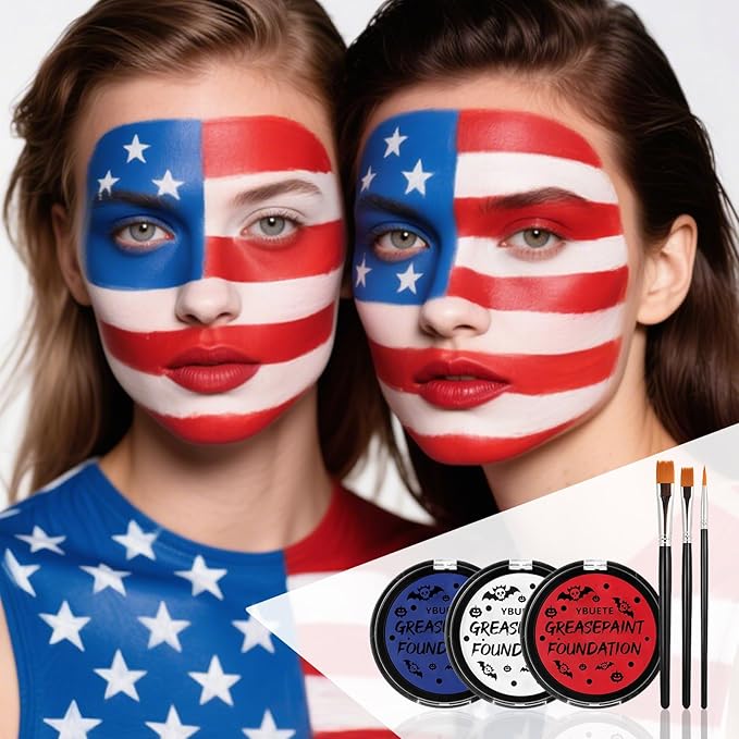 Red White Blue US Flag Oil Based Face Paint Kit with Painting Brushes, Full Coverage Greasepaint for 4th of July USA Independence Day America's Patriotic Veterans Events,Halloween Joker Cosplay