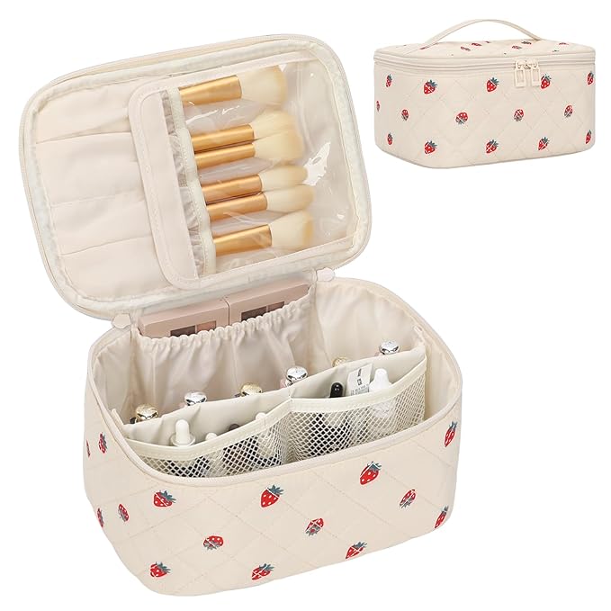 OCHEAL Makeup Bag,Travel Makeup Organizer Bag, Large Capacity Cosmetic Bags For Women Large Travel Toiletry Bag Girls Traveling With Brush Slot And Divider-Strawberry