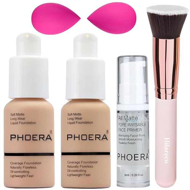 PHOERA Foundation,PHOERA Makeup for Women,PHOERA Matte Liquide Foundation Full Coverage,PHOERA Primer,PHOERA Concealer,Kabuki Makeup Brushes Foundation,2 Makeup Sponge(103 Warm peach+104 Buff Beige)