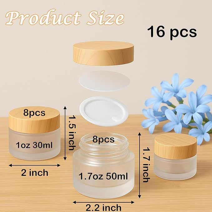 16Pcs 1oz & 1.7oz Glass Cosmetic Containers with Wood Grain Lids – Refillable Frosted Glass Jars, Leakproof Cream Containers for Travel, Body Scrub, Lotion, Lip Scrub, DIY Skincare（50ml/30ml）