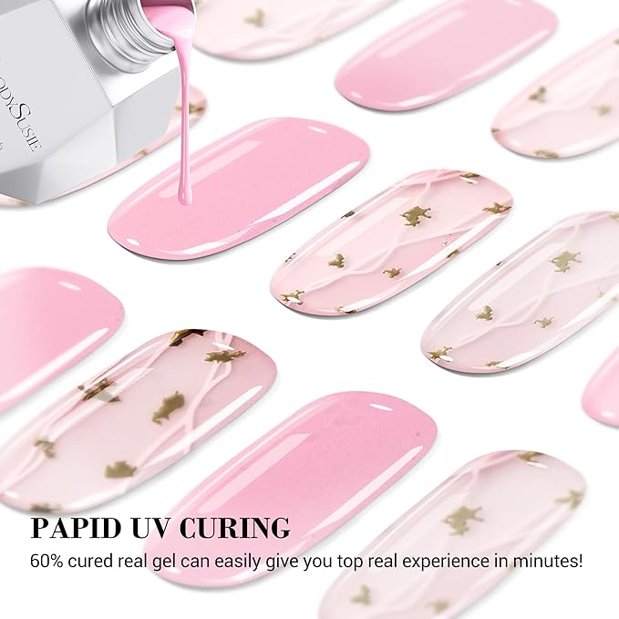 MelodySusie Semi Cured Gel Nail Strips (Pink), 20 PCS Gel Nail Stickers, Gold Foils, UV Light Required, Durable & Salon Quality