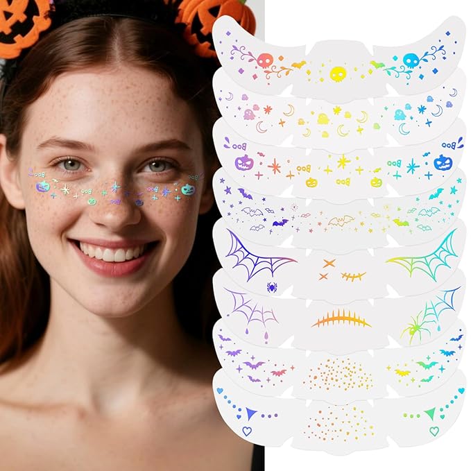 8PCS Halloween Glitter Freckles Face Tattoo, Sparkle Freckles for Women and Kids, Cute Star Waterproof Gold Temporary Face Tattoos Glitter Glow Up Patches (8PCSC Holographic Multicolor)