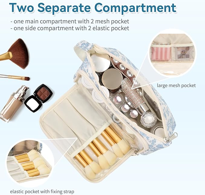 Small Makeup Bag, Travel Make Up Pouch, Floral Cosmetic Organizer Case for Women, Cute Toiletry Bag with Portable Handle