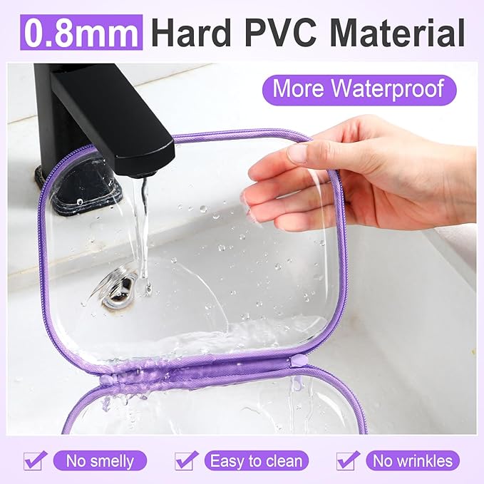 Sanwuta 6 Pcs Clear Hard Zipper Case Pencil Pouches Hard Plastic Zipper Pouches Makeup Bag Transparent Cases for Snacks Plastic Storage Organizer Box for Travel(Purple,7.87 x 5.9 x 2 Inch)
