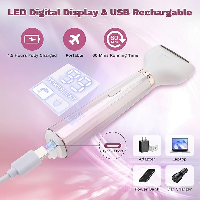 Electric Shavers Razors for Women, 5 in 1 Bikini Trimmer for Women, Wet/Dry Womens Electric Shaver Razor, Face Shaver for Face Nose Eyebrow Arms Armpit Legs Pubic Area, Facial Hair Removal