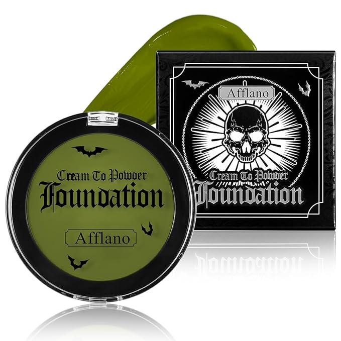 Ogre Green Face Body Paint, Witch Green Full-Coverage Cream to Powder Foundation Makeup, Non-Toxic Face Painting for Hulk Hunting, Frankenstein,Wicked Ogre,Halloween SFX Makeup, Cosplay,Theater,Stage