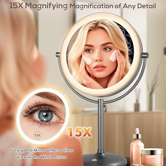 VESAUR 9" 1X15X Lighted Makeup Mirror, 5000mAh Rechargeable 2-Sided Magnifying Mirror with 3 Dimmable Lights, 360° Rotation Vanity Mirror, Tabletop Detachable Travel Mirror, Black Nickel with Gift Box