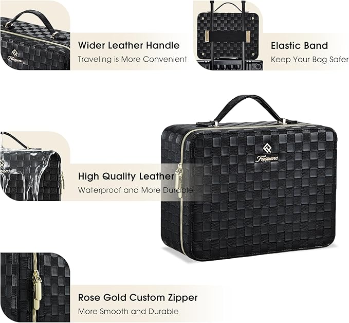 Leather Makeup Case with LED Lighted Mirror 11.4 Inch Travel Makeup Bag Adjustable Brightness in 3 Colors Cosmetic Organizer Artist Storage Bag with Dividers Brush Holder Bag Vanity Black Checkerboard