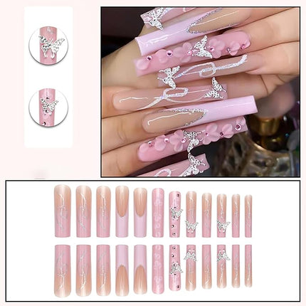 RUOKEXIN Pink French Tip Press on Nails Long Coffin Fake Nails Acrylic False Nails with 3D Silver Butterfly Designs Glitter Nail Press ons Glossy Artificial Nails Summer Stick on Nails for Women 24Pcs