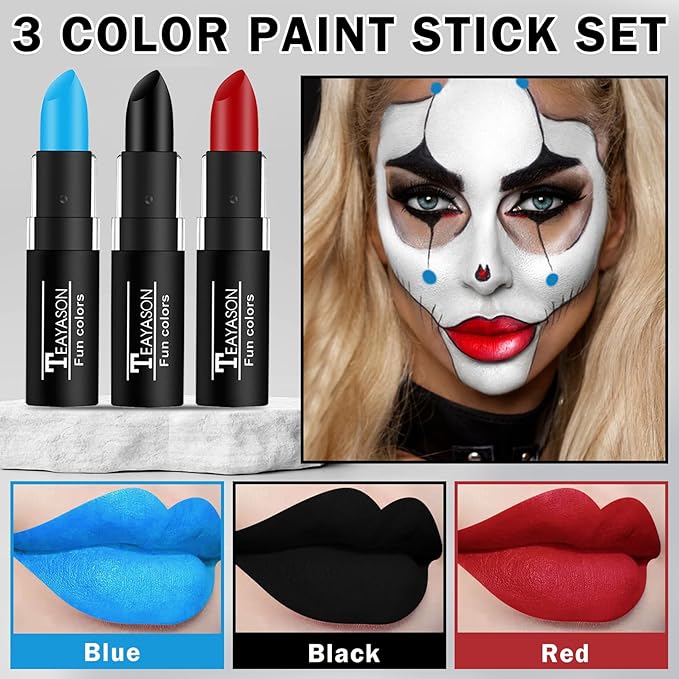 DAMUSI 3 Colors Face Body Paint Sticks for Skin Eye Black Baseball Softball Football Sticks with Brush,Suitable for Clown Cosplay Halloween Joker Vampire Makeup（Blue/Black/Red Face Paint Sticks）