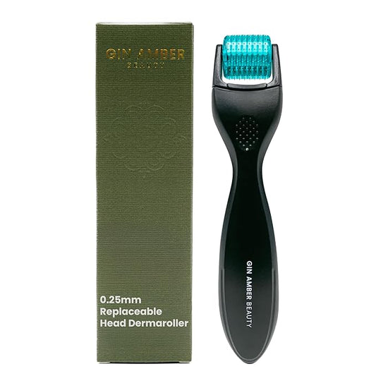 Gin Amber Beauty Derma Roller with Replaceable Head Design – 192 Real individual needles, Micro Needling Roller for Face, Beard, and Scalp Care, 0.25mm Face Roller
