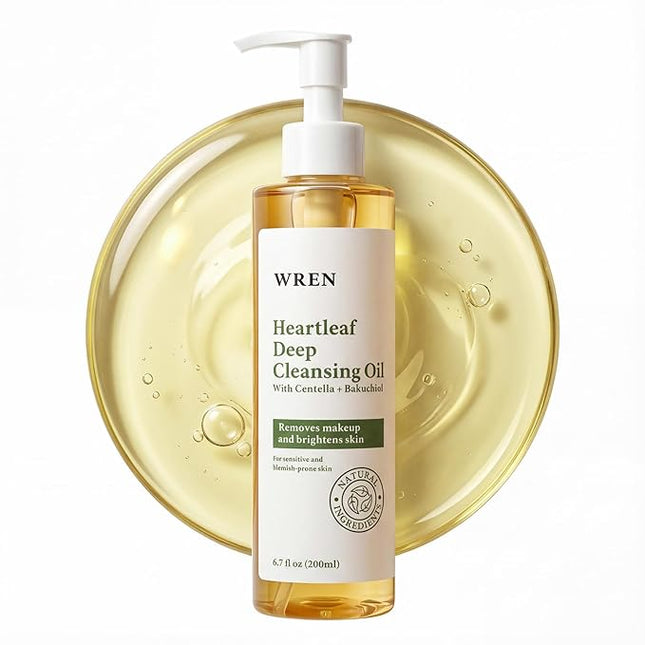 Wren Heartleaf Deep Cleansing Oil, Face Oil Cleanser for Makeup Removal, Blackhead & Pore Care, Skincare for Sensitive Skin, Brightens Skin – 6.76 fl oz (200ml)