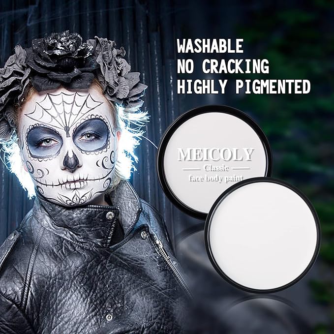 MEICOLY White Face Body Paint,30g/1.05oz Clown White Makeup,Halloween Washable Water Based Full Body Paint,Single Face Painting for Adults and Kids,Foundation SFX Joker Zombie Vampire Skeleton,White