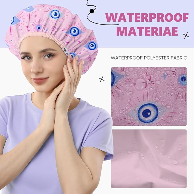 Years Calm Evil Eye Shower Caps for Women Reusable Waterproof, Pattern and Solid Color Dual-Layer Design, Hair Cap for Shower with Elastic Band, Fits Braids, Dreadlocks & Long Hair (Pink)