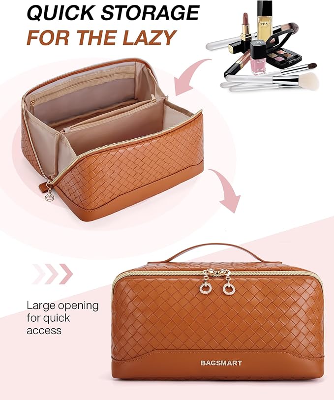 BAGSMART Makeup Bag, Travel Cosmetic Bag Organizer, PU Leather Water-Resistant Pouch, Open Flat Makeup Storage for Toiletries, Brushes, PU Leather Brown