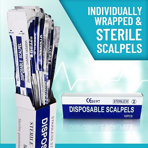 #15 Disposable Scalpel, Pack of 10 Dermaplaning Blades with Plastic Handle, Scalpel for School Science, High Carbon Steel Dermablade Blades. Individually Wrapped, Sterile
