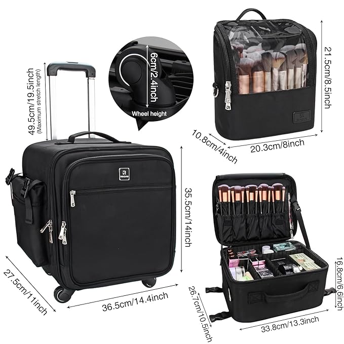 Relavel Rolling Makeup Case Professional Makeup Train Case Makeup Artist Travel Organizer 4 in 1 with Detachable Cosmetic Case and Dual Makeup Brush Case and Wheels (Black, 4-Pack)