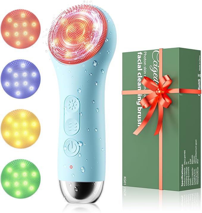 Facial Cleansing Brush Face Scrubber - Rechargeable Electric Face Cleansing Brush with 4 LED Gentle Light Liquid Silicone Modes Exfoliator,IPX7 Waterproof Ideal Gift for Men and Women-Blue
