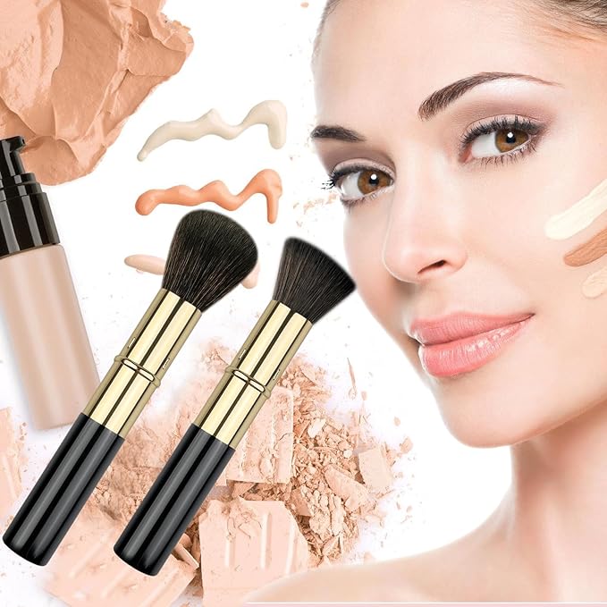 Retractable Kabuki Makeup Brushes 2 Pcs, Powder Brush/Foundation Brush/Blush Brush for Foundation, Powder Blush, Bronzer, Buffing, Liquid, Cream, with Cover