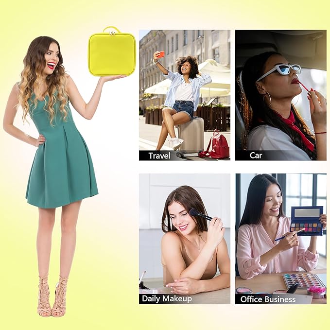 Travel Makeup Bag with LED Mirror Travel Makeup Organizer with 3 Lighted Settings, Adjustable Dividers and Makeup Brush Storage Bag Yellow