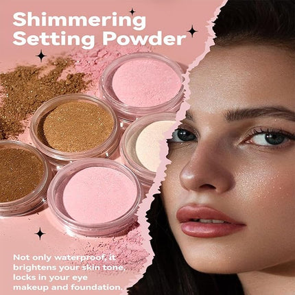 Shimmer Finish Setting Powder,Pink Translucent Setting Powder,Oil Control,Waterproof,Makeup Finishing Long-Lasting,Shimmer Powder for All Skin Types,Kimchi Setting Powder,Face Powder Makeup