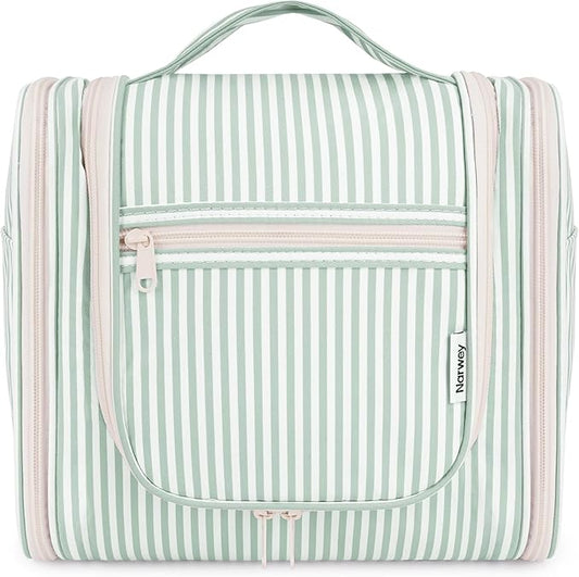 Narwey Striped Hanging Travel Toiletry Bag for Women, Travel Bag for Toiletries, Makeup Bag Organizer Cosmetic Bags Make Up Bags for Women (Mint Green Stripe)