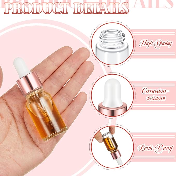 100 Pcs Mini Glass Oil Dropper Bottle Bulk, Clear Essential Small Empty Bottles Sample Containers Perfume Liquid Vials with Cap for Traveling (10 ml,Rose Gold)
