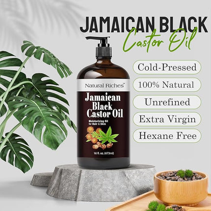 Natural Riches Jamaican Black Castor Oil Glass Bottle Pure Organic Cold Pressed for Hair Growth Skin Care for Dry Skin Conditioning Eyebrows Eyelashes Scalp and Nail Moisturizes & Repairs 16fl.oz.