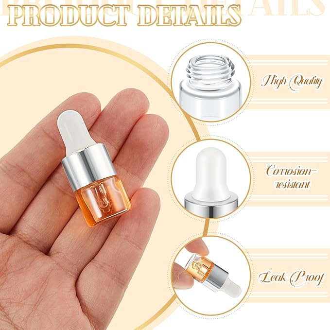 100 Pcs Mini Glass Oil Dropper Bottle Bulk, Clear Essential Small Empty Bottles Sample Containers Perfume Liquid Vials with Cap for Traveling (1 ml,Silver)