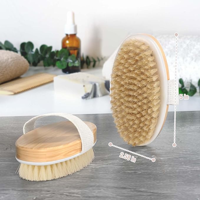 2 Pack Dry Brushing Body Brush, Natural and Soft Bristle Shower Brush for Body Cleaning, Exfoliating Bath Brush for Lymphatic Drainage Improve Circulation, Body Exfoliator Scrubber for Women Men