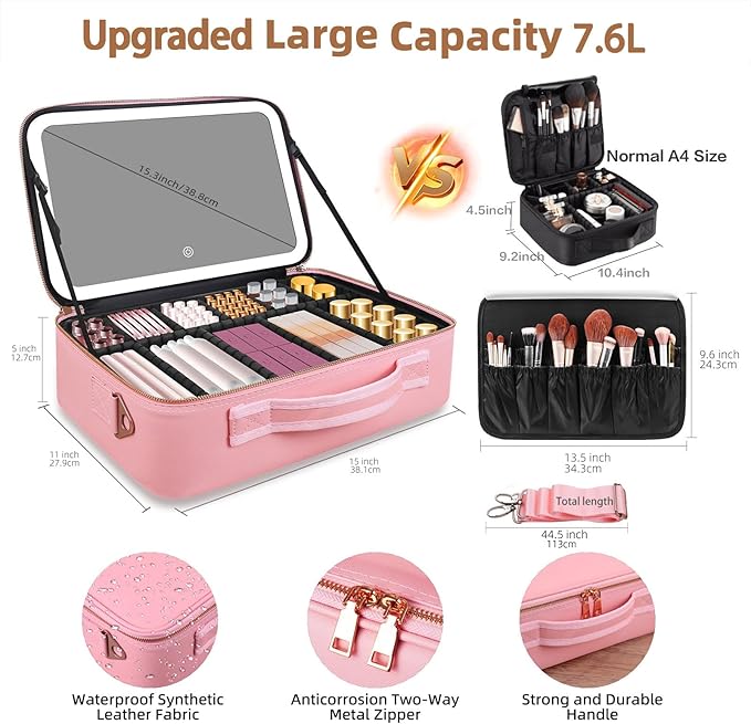 15"×11" Large Pink Makeup Bag with Mirror, Personal Item Travel Bag with Makeup Mirror 3 Lights, Waterproof Train Case with Mirror and Adjustable Dividers,Professional Lighted Makeup Case
