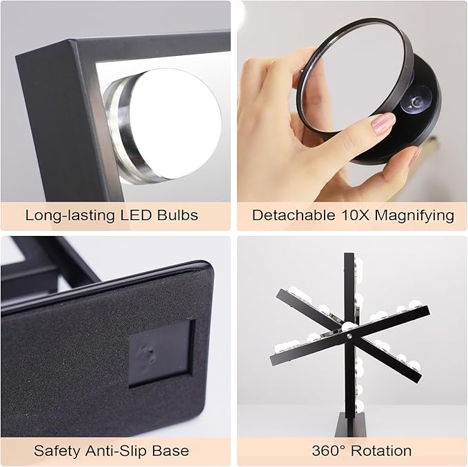 FENCHILIN Lighted Makeup Mirror Hollywood Mirror Vanity Makeup Mirror with Light Smart Touch Control 3Colors Dimable Light Detachable 10X Magnification 360°Rotation(Black)