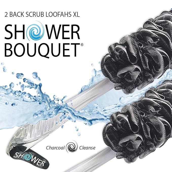SHOWER BOUQUET Loofah-Charcoal Back-Scrubber 2-Pack // Long-Handle Bath-Sponge Brush/Extra Large Soft Mesh Loofa-Lufa-Loufa for Men & Women - Exfoliate with Full Pure Cleanse in Bathing Accessories