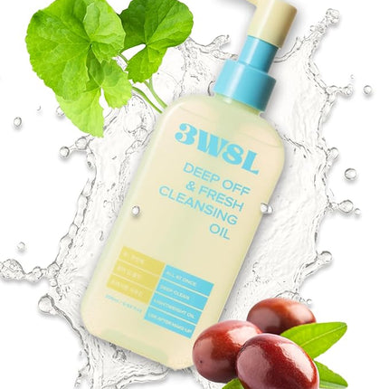 3W8L Deep Off & Fresh Cleansing Oil – Fast emulsifying Korean pore care cleanser, gentle daily makeup & sunscreen remover with Jojoba & Centella, dissolves sebum & blackheads, hydrating fresh finish