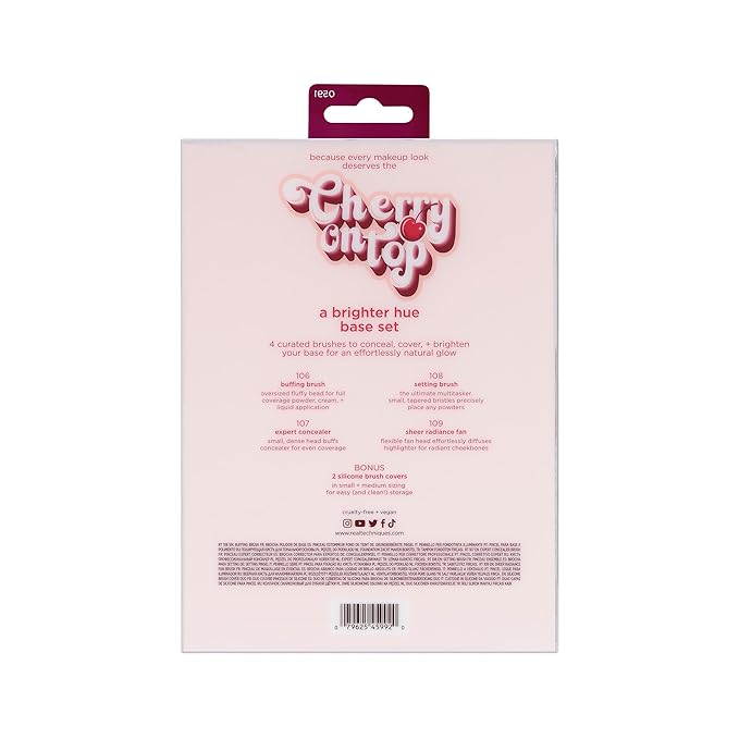 Real Techniques Cherry On Top A Brighter Hue Base Set, Face Makeup Brushes & Travel Covers, For Foundation, Concealer, Powder, & Blush, Synthetic Bristles, Vegan & Cruelty-Free, 6 Piece Set