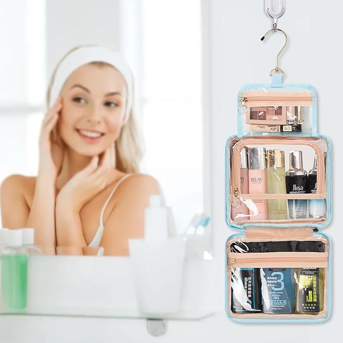 CUBETASTIC Hanging Travel Toiletry Bag, Clear Makeup Bag, Transparent 3 Comparment Small Travel Bag Cosmetic Organizer Case Portable Skincare Pouch with Handle (Blue, Small (Pack of 1))