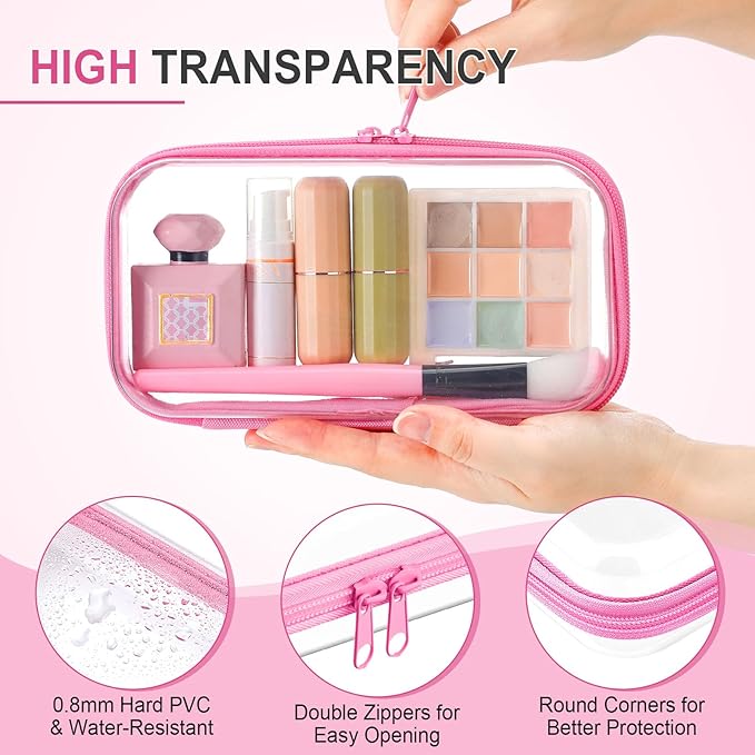 Hoolerry 4 Pcs Hard Clear Zipper Case Makeup Bags Plastic Pencil Pouch Transparent Storage Box Containers for Cosmetics, Snacks, Building Blocks, Puzzles(Pink,7.5 x 3.9 x 2 in)