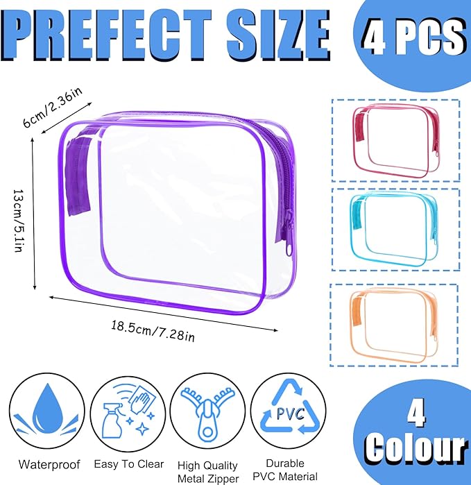 4Pack Clear Makeup Bags Waterproof Organizer Bags with Zipper Transparent Travel Cosmetic Bag TSA Approved Toiletry Bag Pouch Case for Vacation Airport Airline Compliant (Multicolour, Medium)