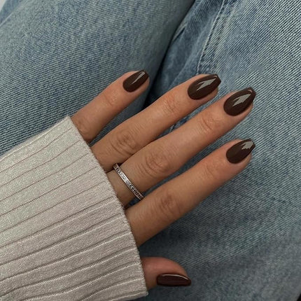 Brown Press on Nails Medium Coffin Fake Nails Press ons, KXAMELIE Full Cover False Nails Tips Medium Length Glue on Nails Natural Thick Long Acrylic Nails 24Pcs Solid Color Coffin Nails for Women