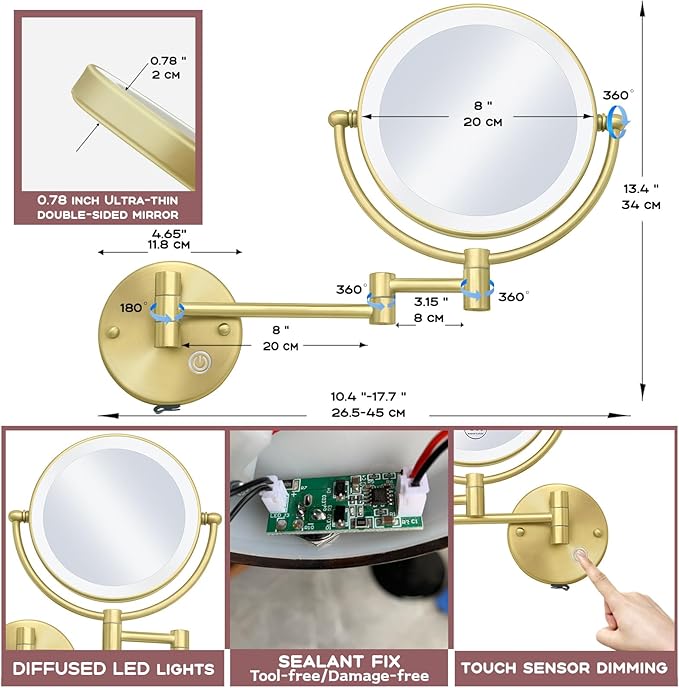 8 Inch Brass Rechargeable Lighted Wall Mounted Makeup Mirror Gold, 1X/5X Double Sided Vanity Mirror with Light and Magnification, 360 Swivel Extendable Shaving Mirror, Brushed Gold