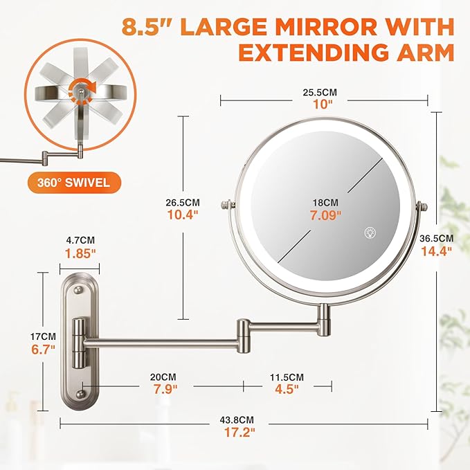 15x Wall Mounted Makeup Mirror, 8" Rechargeable Double-Sided Magnifying Mirror, 3 Color Lights for Makeup,365°Swivel for Shaving - Nickel