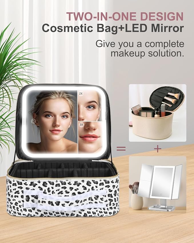 Makeup Bag with LED Mirror, Makeup Organizer Train Case with 1X,2X,3X Vanity Mirror, Adjustable Brightness in 3 Color Settings, with Brush Holder & Storage Dividers, Leopard
