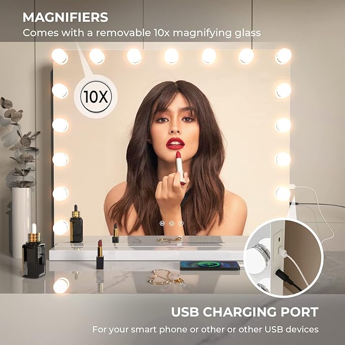 ZL ZELing ZELing Vanity Mirror Makeup Mirror with Lights,23.6" x 19.6"Large Tabletop Light up Mirror with 17Bulbs,10X Magnification,USB Charging Port,3 Color Touch Control Dimmable Lights.